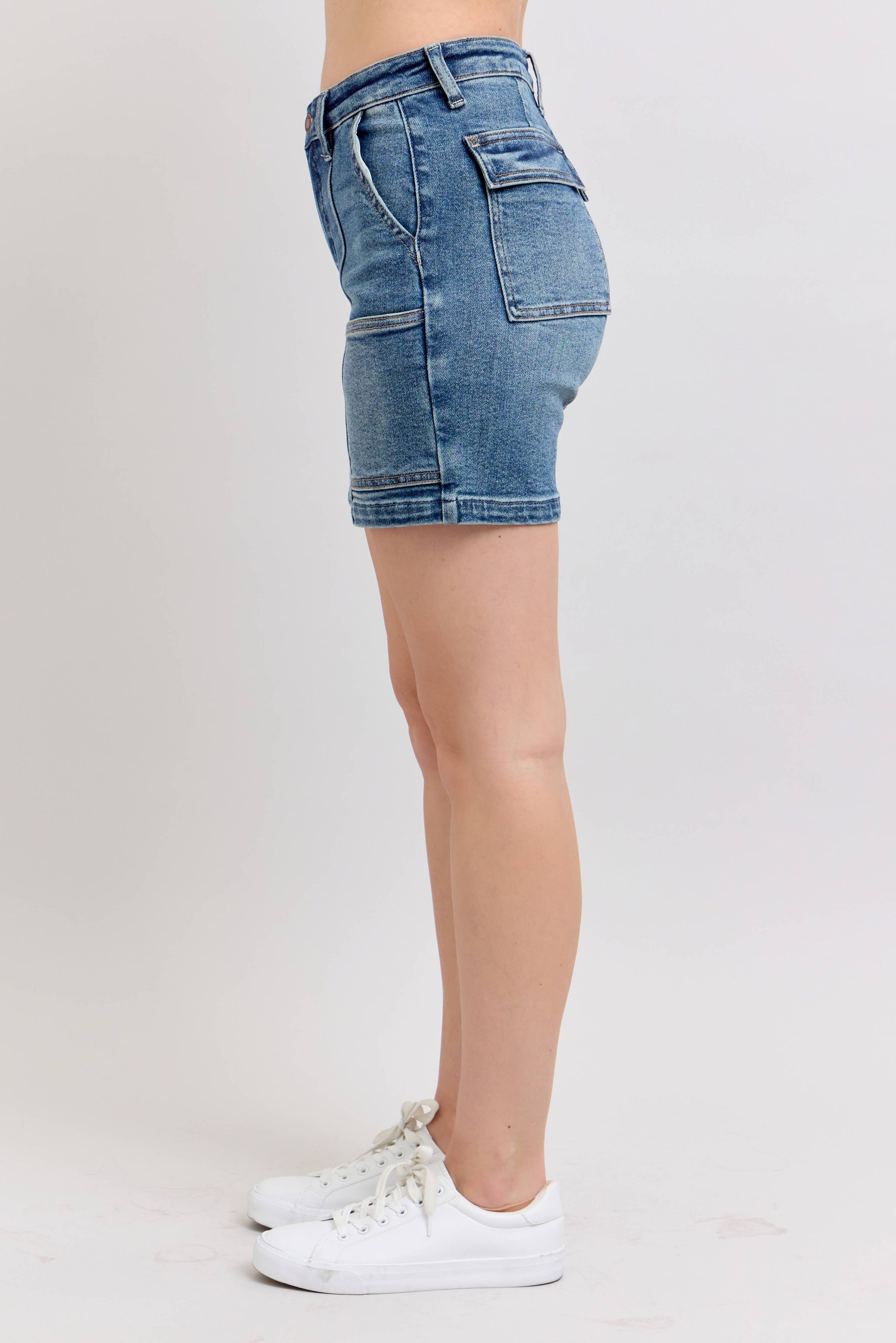 High Waisted Utility Pockets Mid Length Shorts