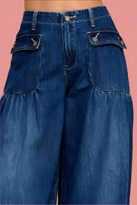 Ankle Drawstring Wide Leg Jeans - Dark Wash