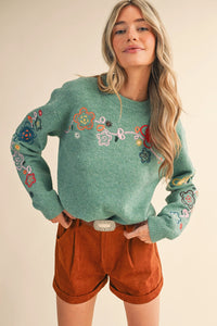 Floral Embroidery Sweater - Green