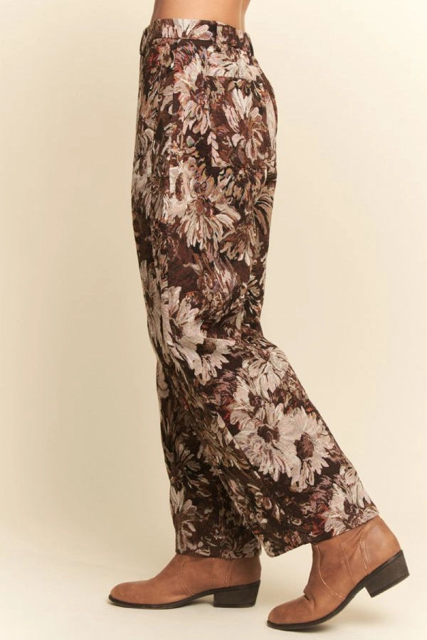 Boho Floral Jacquard Barrel Pants - Brown