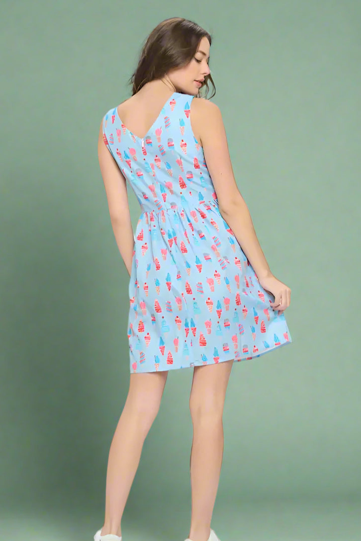 Ice Cream Print Dress - Light Blue