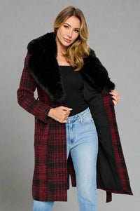 Cosmopolitan Faux Fur-Trimmed Plaid Coat