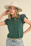 Wavy Stripes Flutter Sleeve Sweater Top - Green