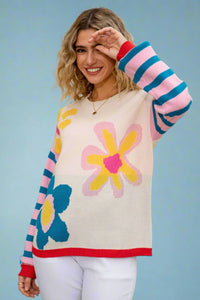 Multicolor Floral Striped Knit Sweater - Blue