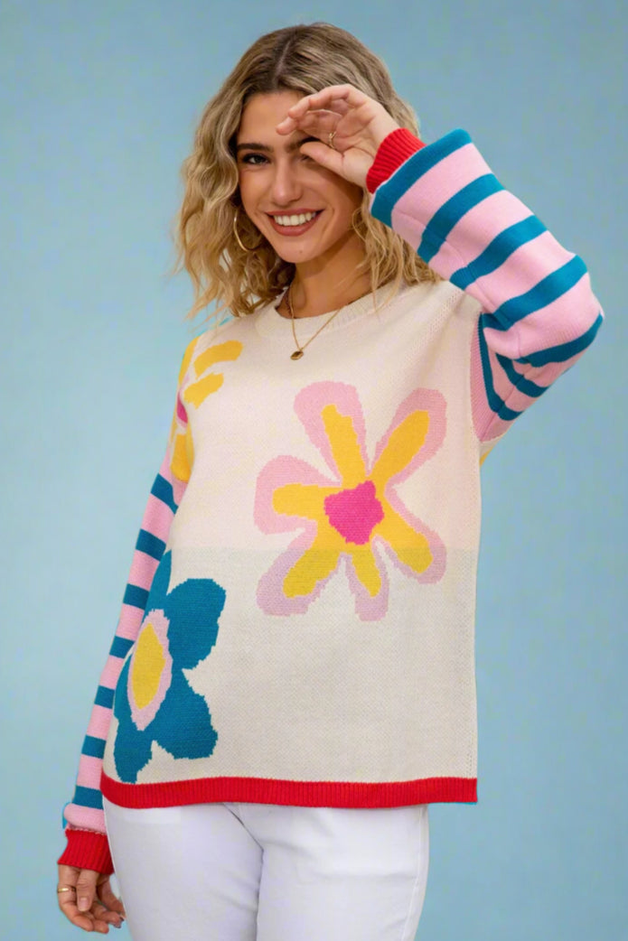 Multicolor Floral Striped Knit Sweater - Blue