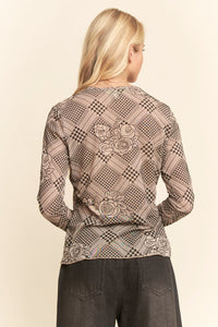 Floral Plaid Velvet Mesh Top - Taupe