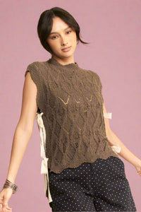 Ribbon Bow Ties Scalloped Knit Top
