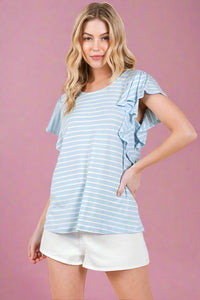 Stripe Ruffle Sleeve T-Shirt - Sky Blue