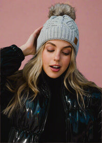Light Gray Cable Knit Pom Hat