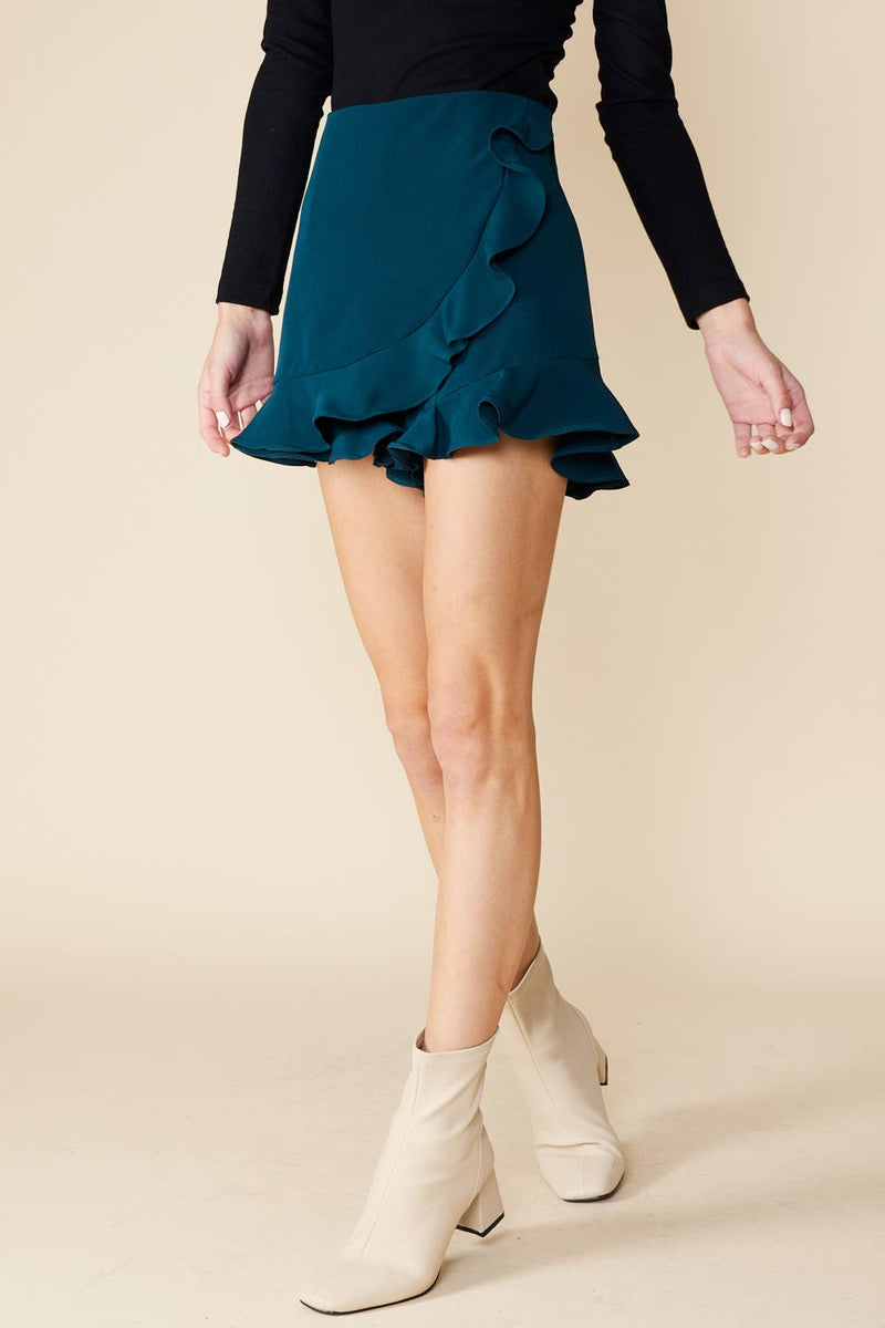 Ruffled Wrap Skort With Back Zipper - Blue