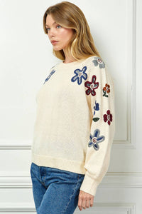 Sweater With Floral Sleeve Embroidery