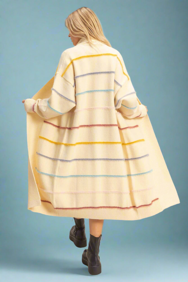 Striped Open Front Long Cardigan - Cream