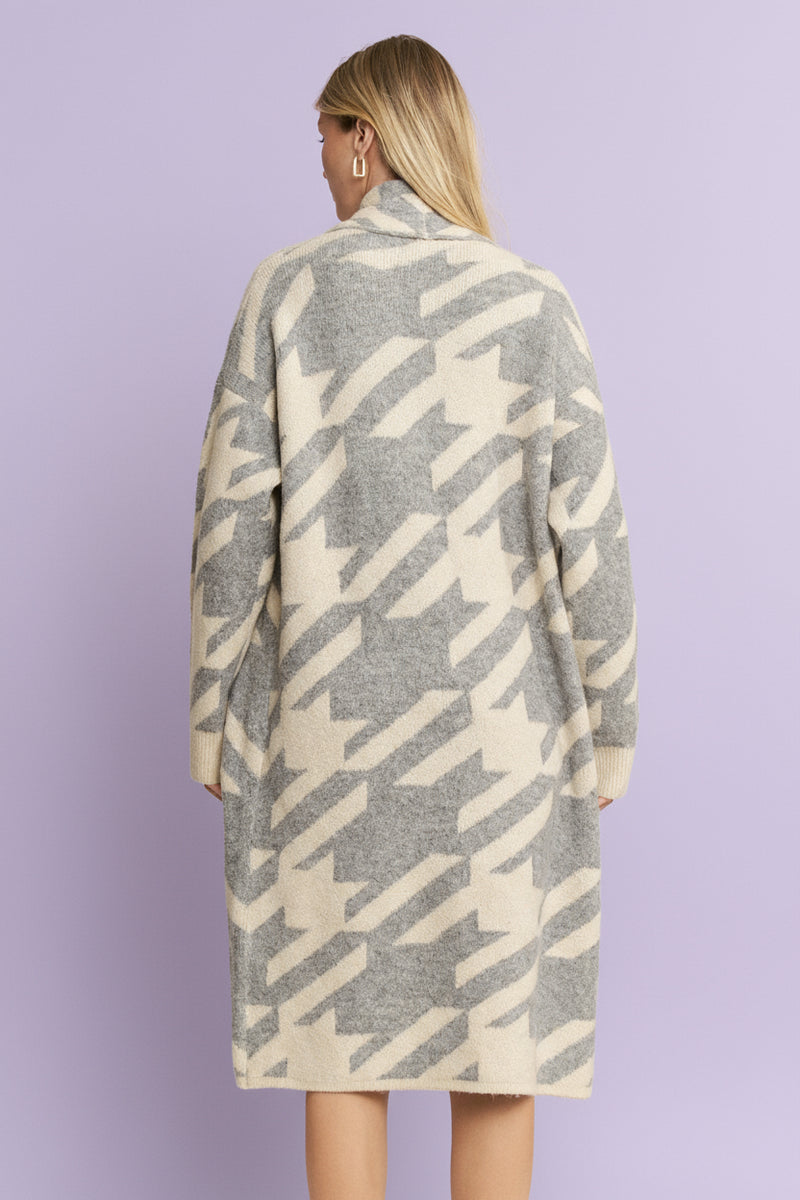 Giant Houndstooth Print Cardigan - Heather Grey