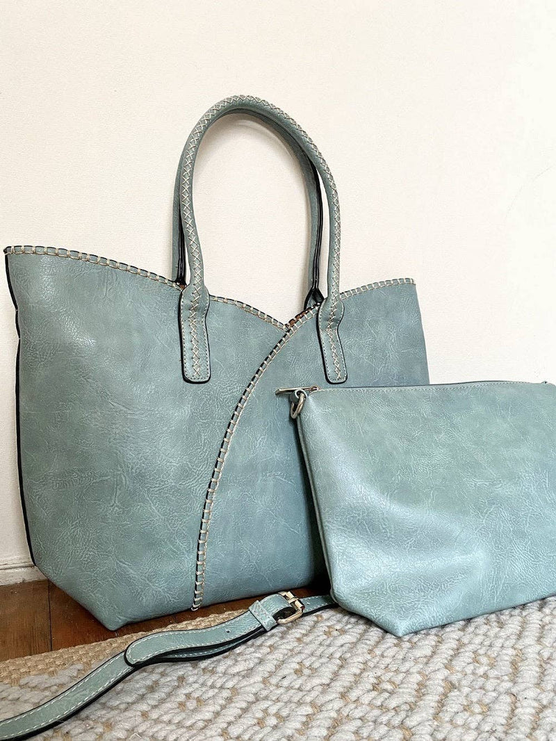 Stitch Detail Shoulder & Tote Set Bag - Blue