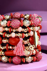 7 Strand Mixed Bead Bracelet - Pink