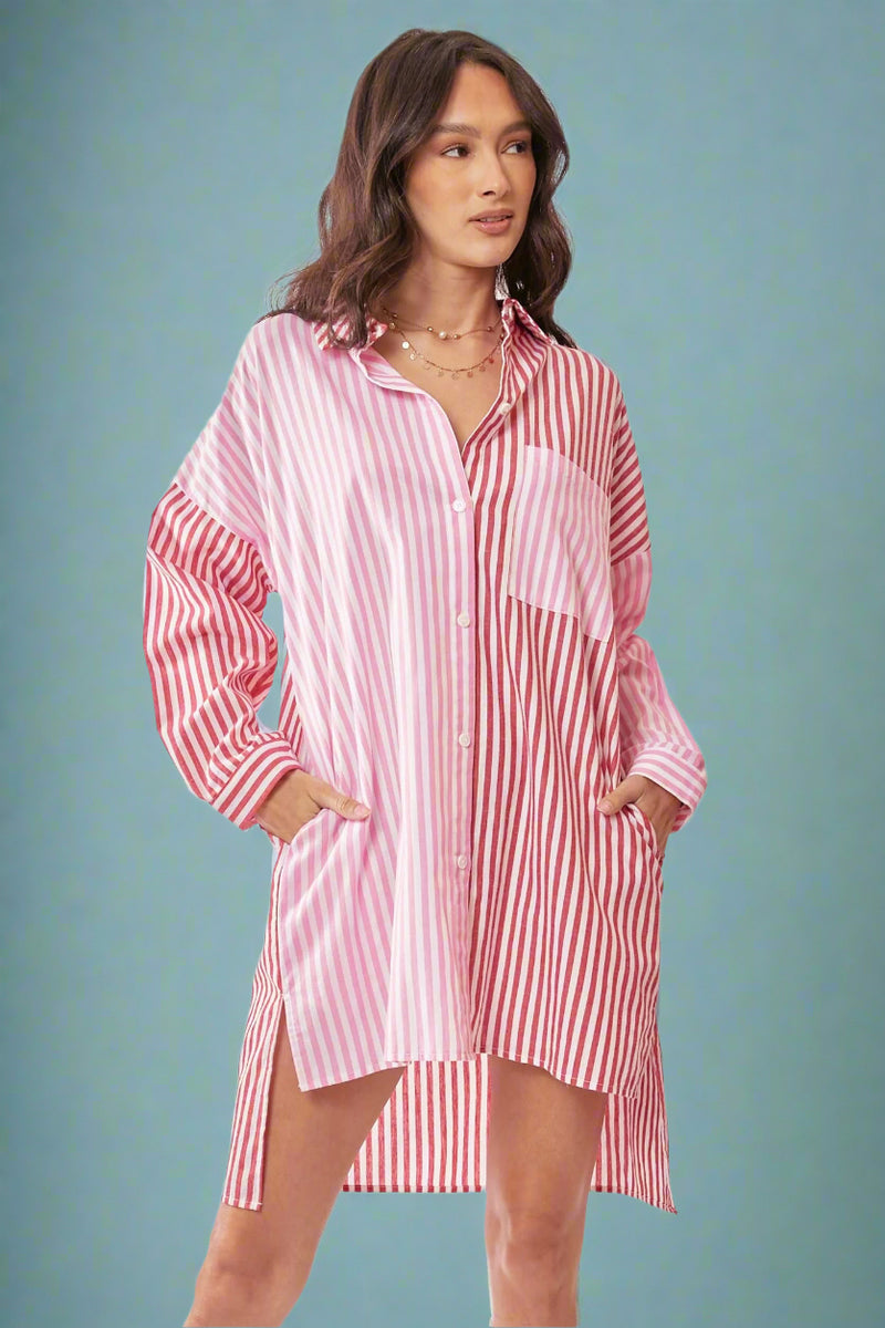 Mixed Striped Shirt Dress - Red
