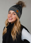 Gray, Black & Tan Patterned Pom Hat