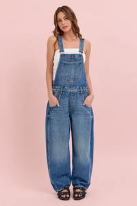 Mid Waisted Barrel Overall - Medium Wash