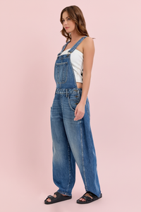Mid Waisted Barrel Overall - Medium Wash