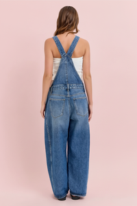 Mid Waisted Barrel Overall - Medium Wash