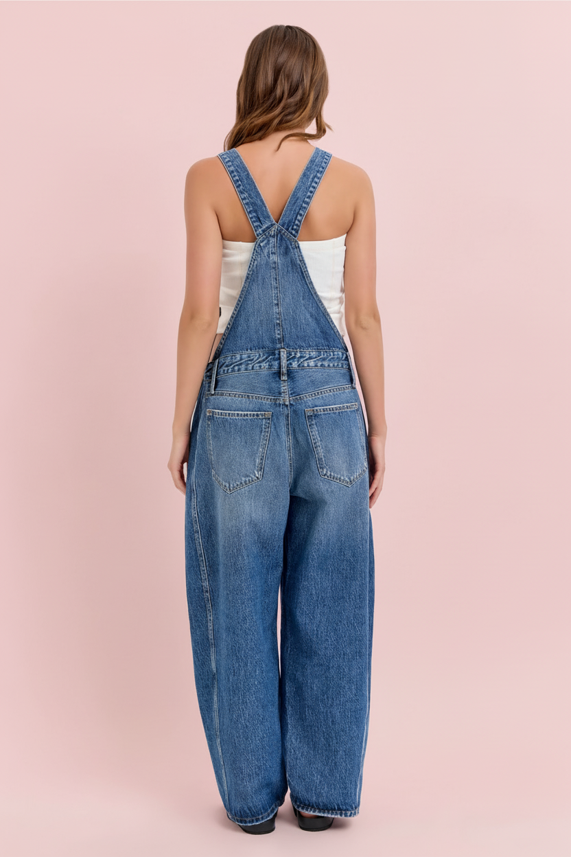 Mid Waisted Barrel Overall - Medium Wash