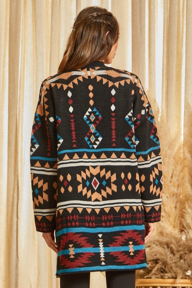 Aztec Inspired Long Cardigan - Black Open Cute Fall Southwestern Style –  Spot