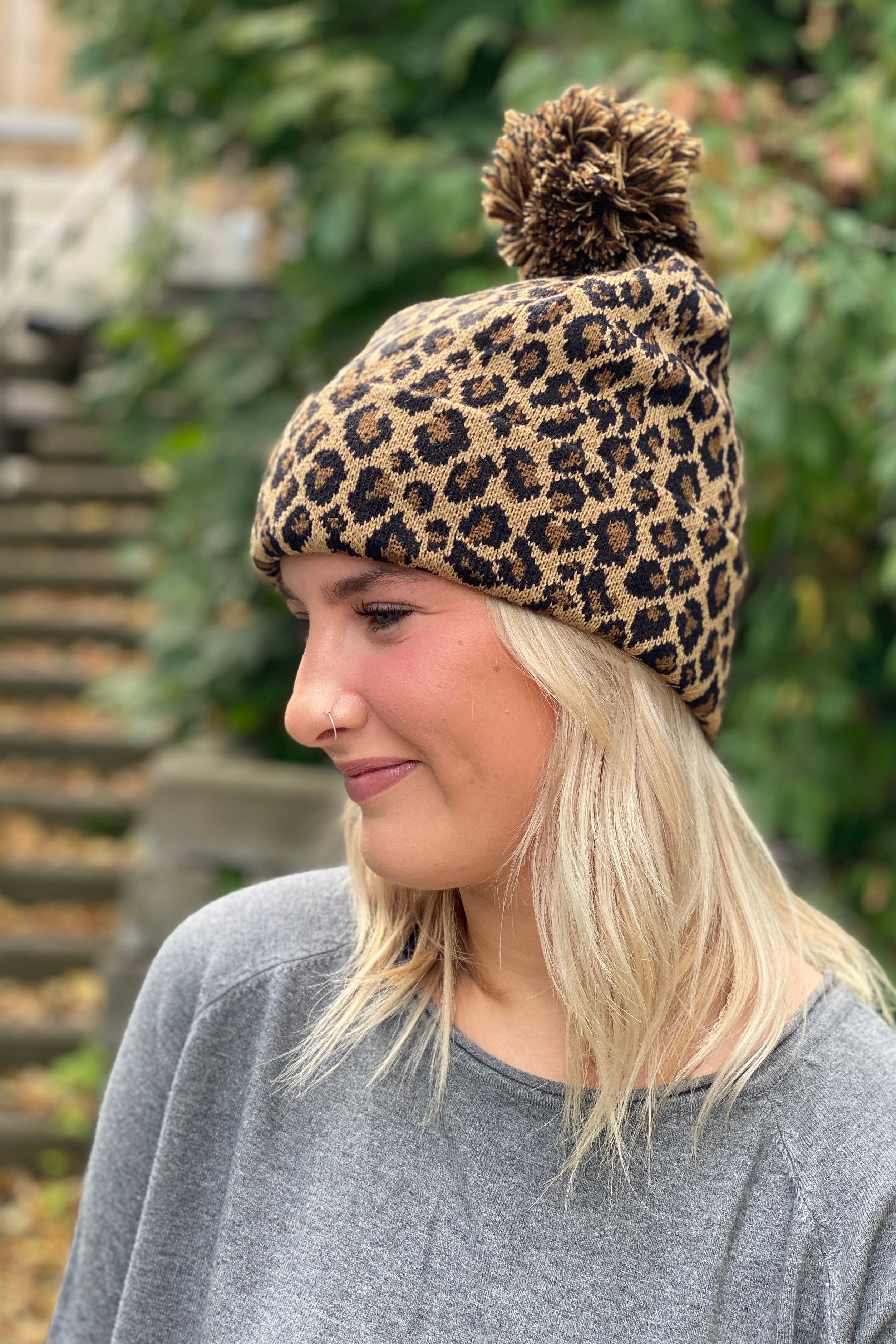 Leopard-Print Pom-Pom Knit Hat