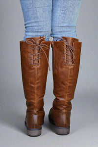 Lace Up Knee High Bootie Cognac