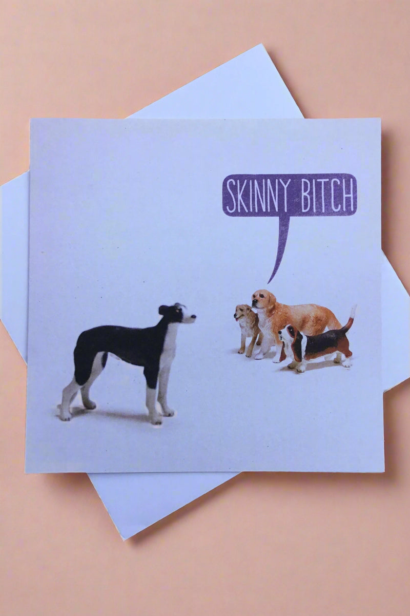 Card with image of four dogs and a word bubble saying “Skinny Bitch.”