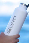 A stainless steel reusable bottle in blue or white. Holds hot or cold beverages. 