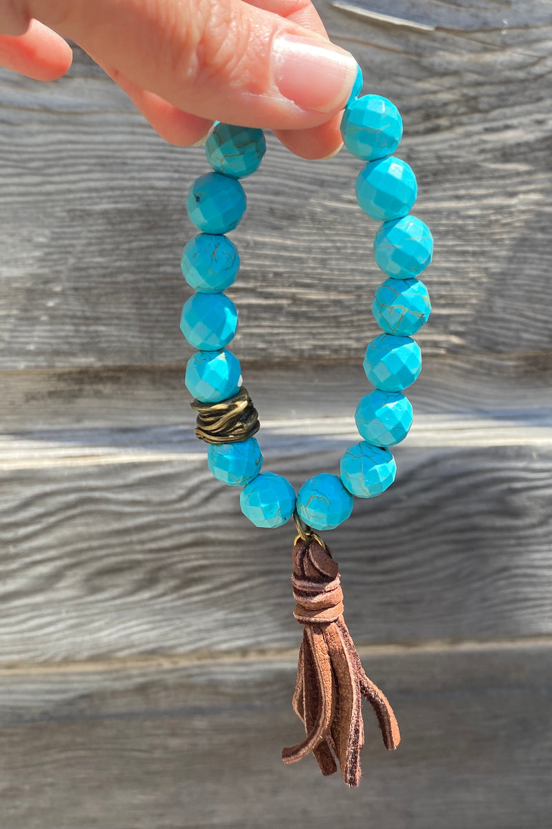 Square Bead Leather Tassel Bracelet
