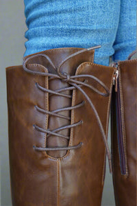 Lace Up Knee High Bootie Cognac