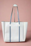 Large, white tote with light blue shoulder straps and detailing.