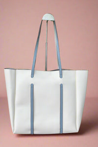 Large, white tote with light blue shoulder straps and detailing.