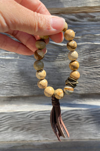 Round Bead Leather Tassel Bracelet