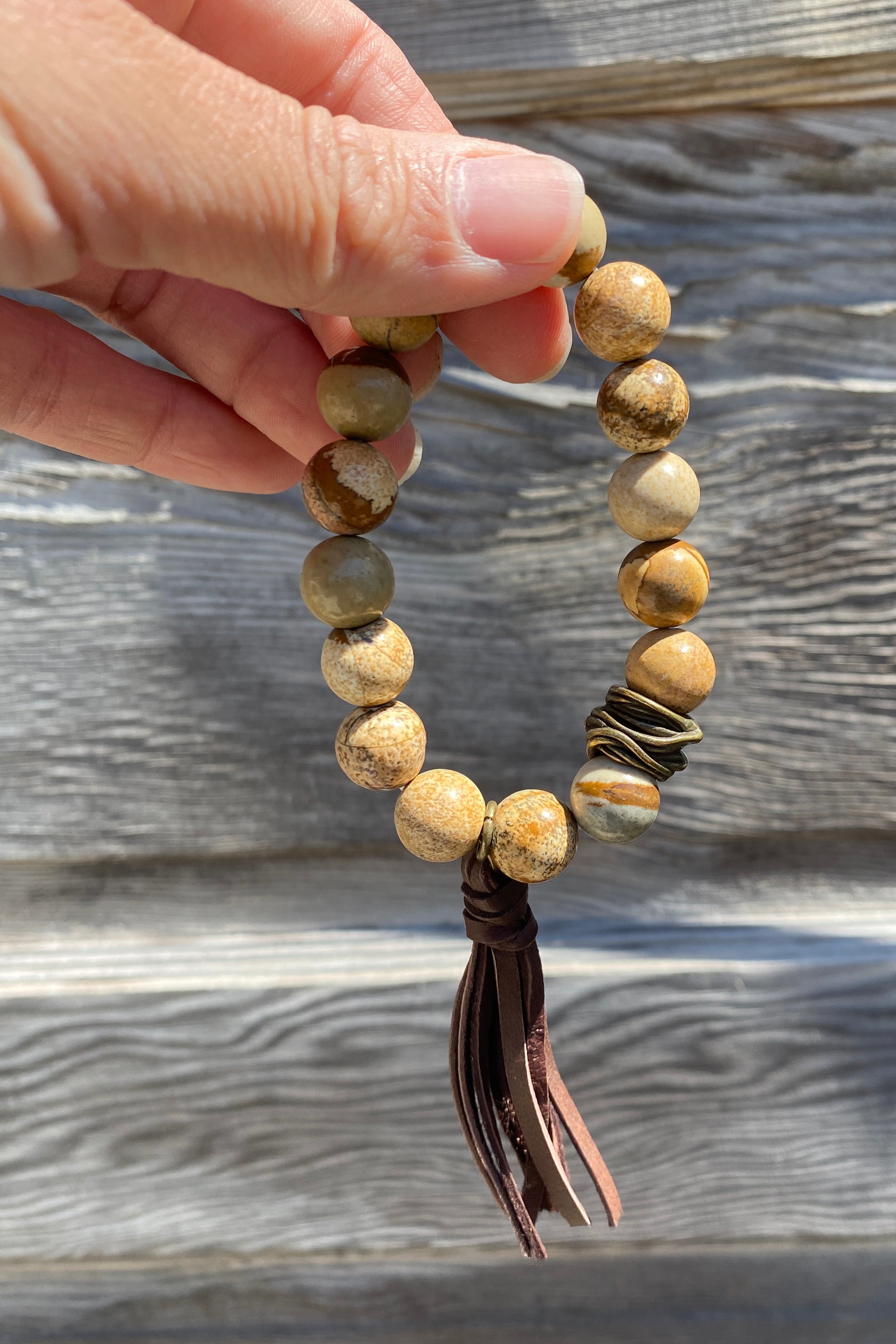 Round Bead Leather Tassel Bracelet