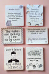 A photo of 6 different reusable cleaning cloths with funny sayings on them.