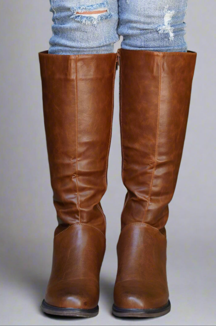 Lace Up Knee High Bootie Cognac