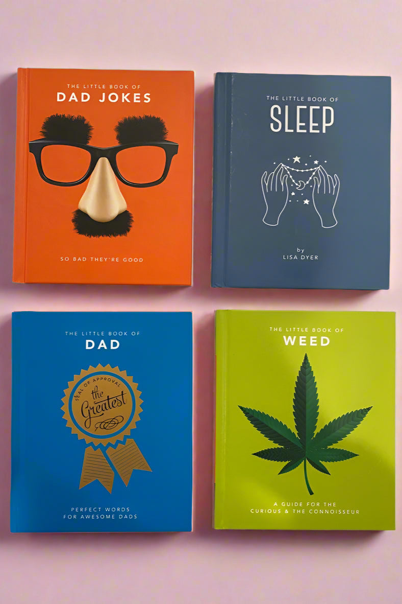 Image of the covers of The little book of: Dad Jokes, Sleep, Dad, and Weed.