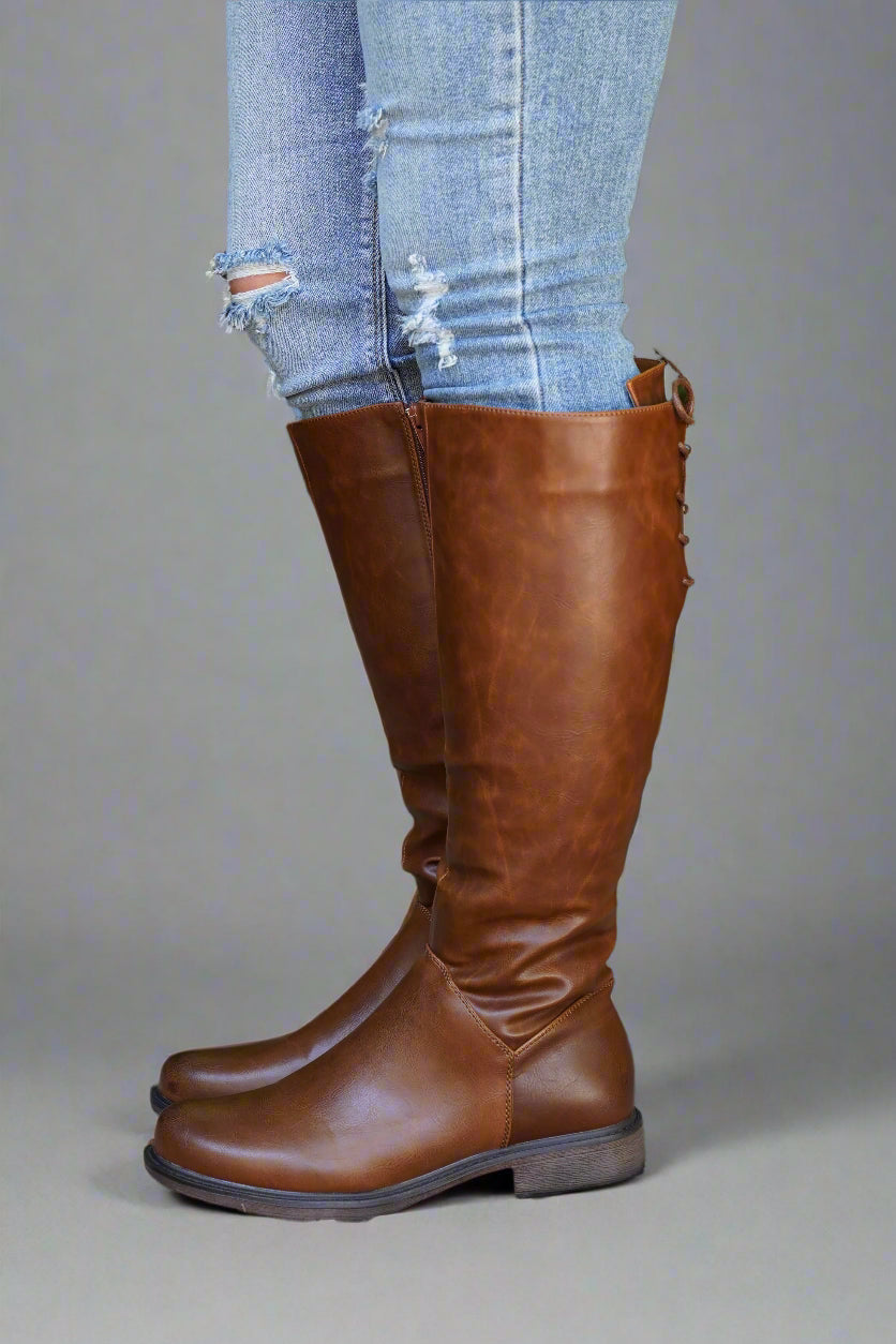Lace Up Knee High Bootie Cognac