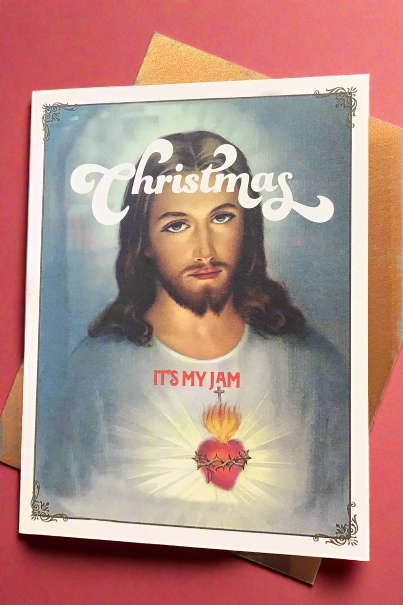 Card with an image of Jesus and the words “Christmas It's My Jam.“