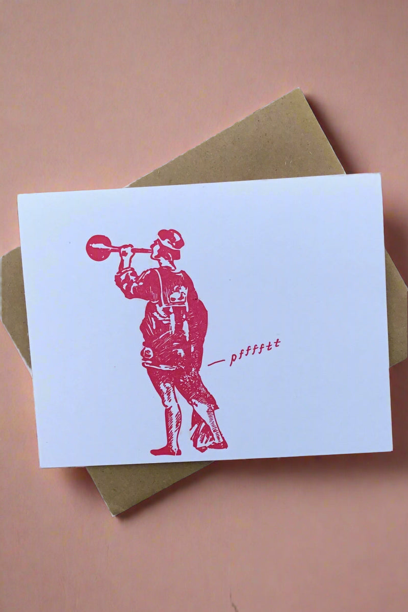 A greeting card with the image of a renaissance man with a horn and text coming from his bottom end that reads ‘pfffftt’.