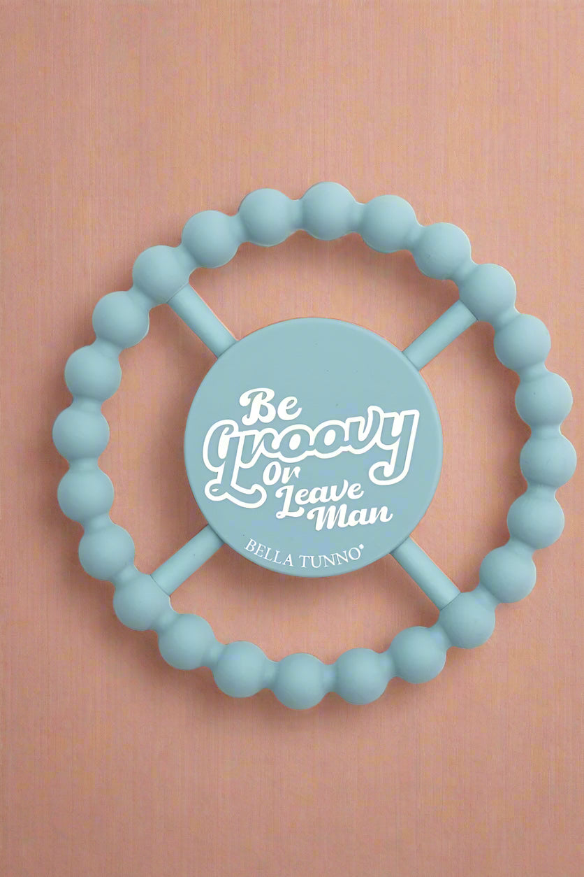 A blue, silicone Teether.
