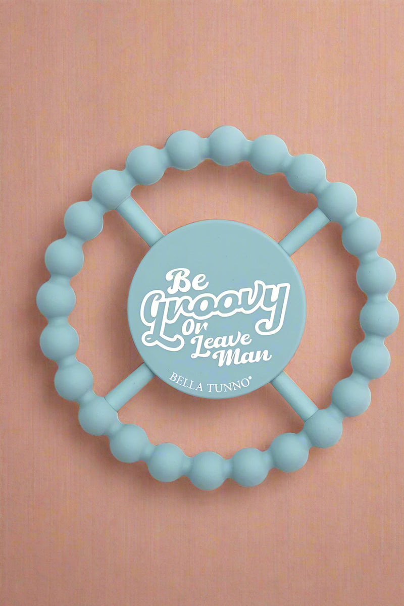 A blue, silicone Teether.