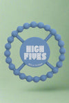 A blue, silicone baby teether.