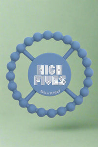 A blue, silicone baby teether.
