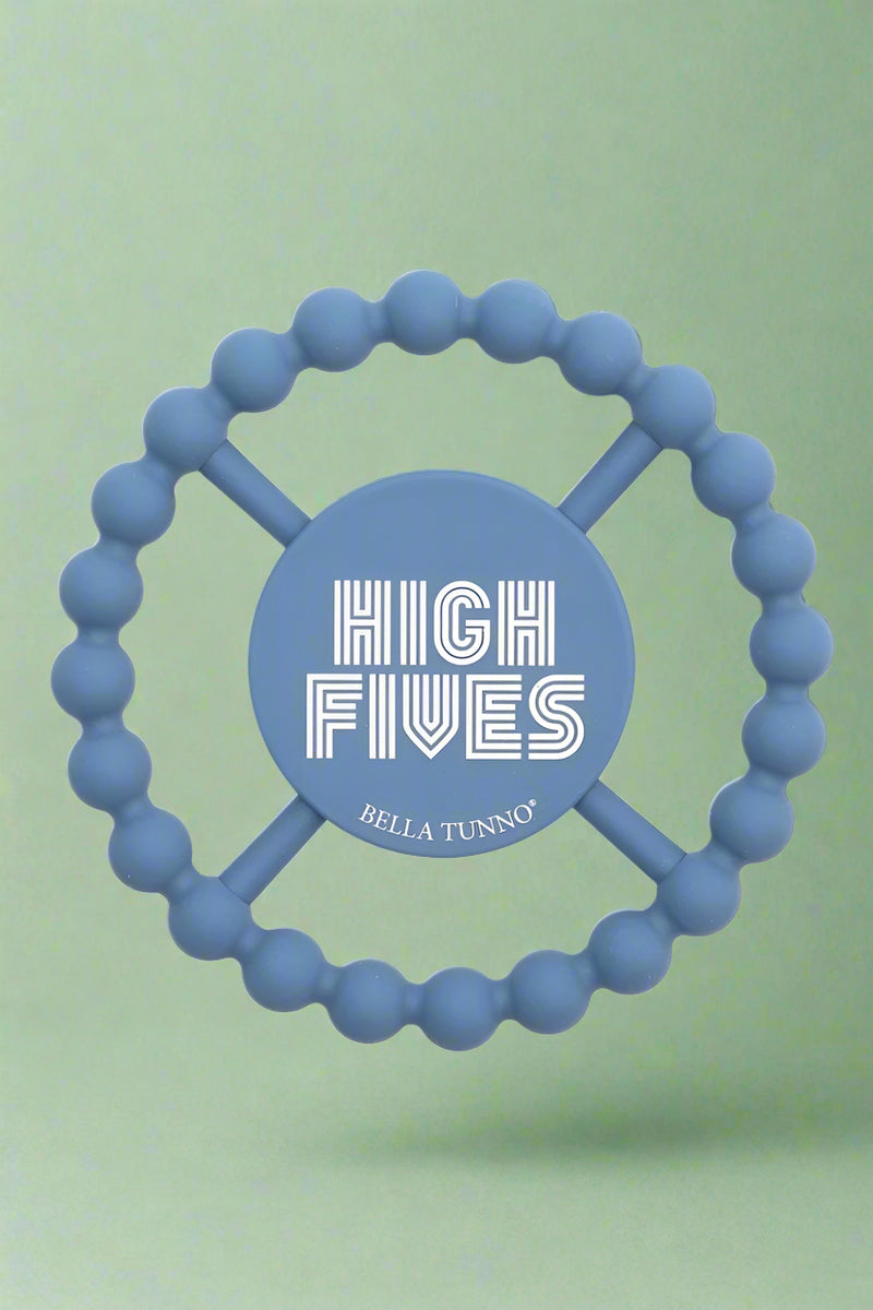 A blue, silicone baby teether.