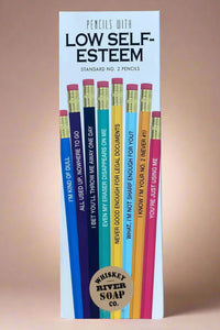 A pack of 8 No. 2 multicolor pencils with Low-Self Esteem funny sayings on them.