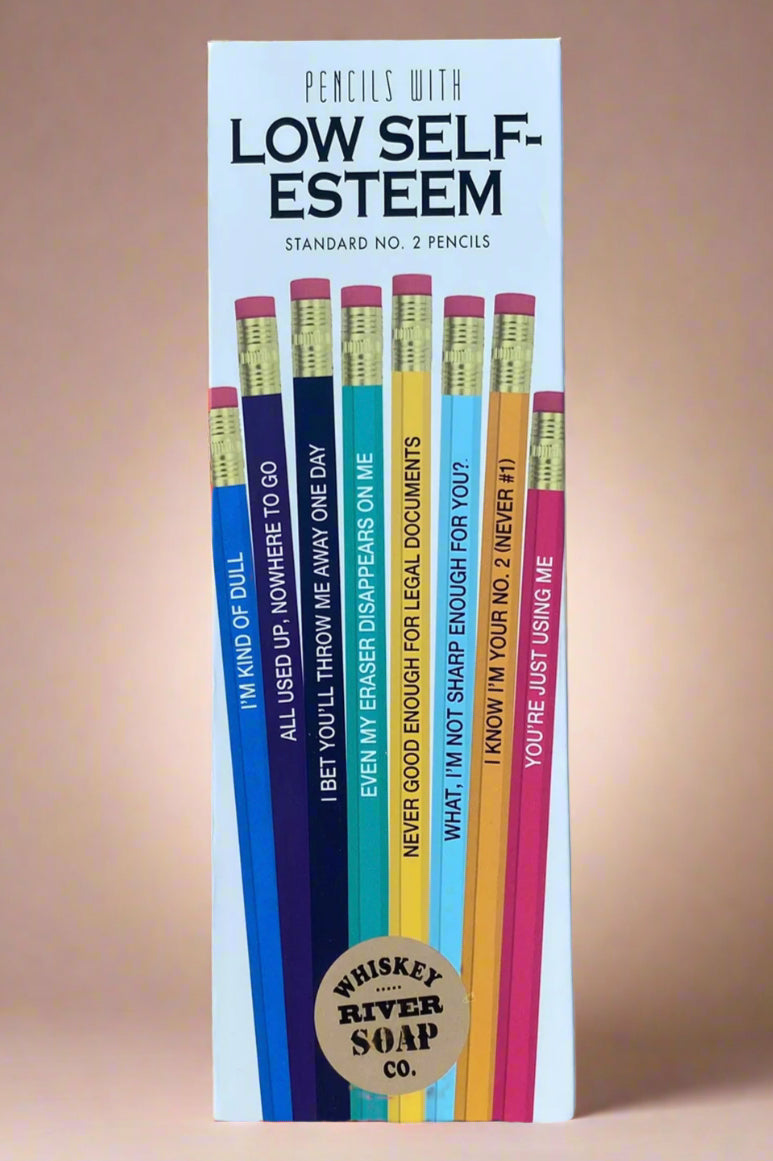 A pack of 8 No. 2 multicolor pencils with Low-Self Esteem funny sayings on them.