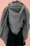 This blanket scarf has silver thread and tiny color thread pieces to add subtle color and sparkle in a casual way.  Soft and warm for a mildly chilly day.